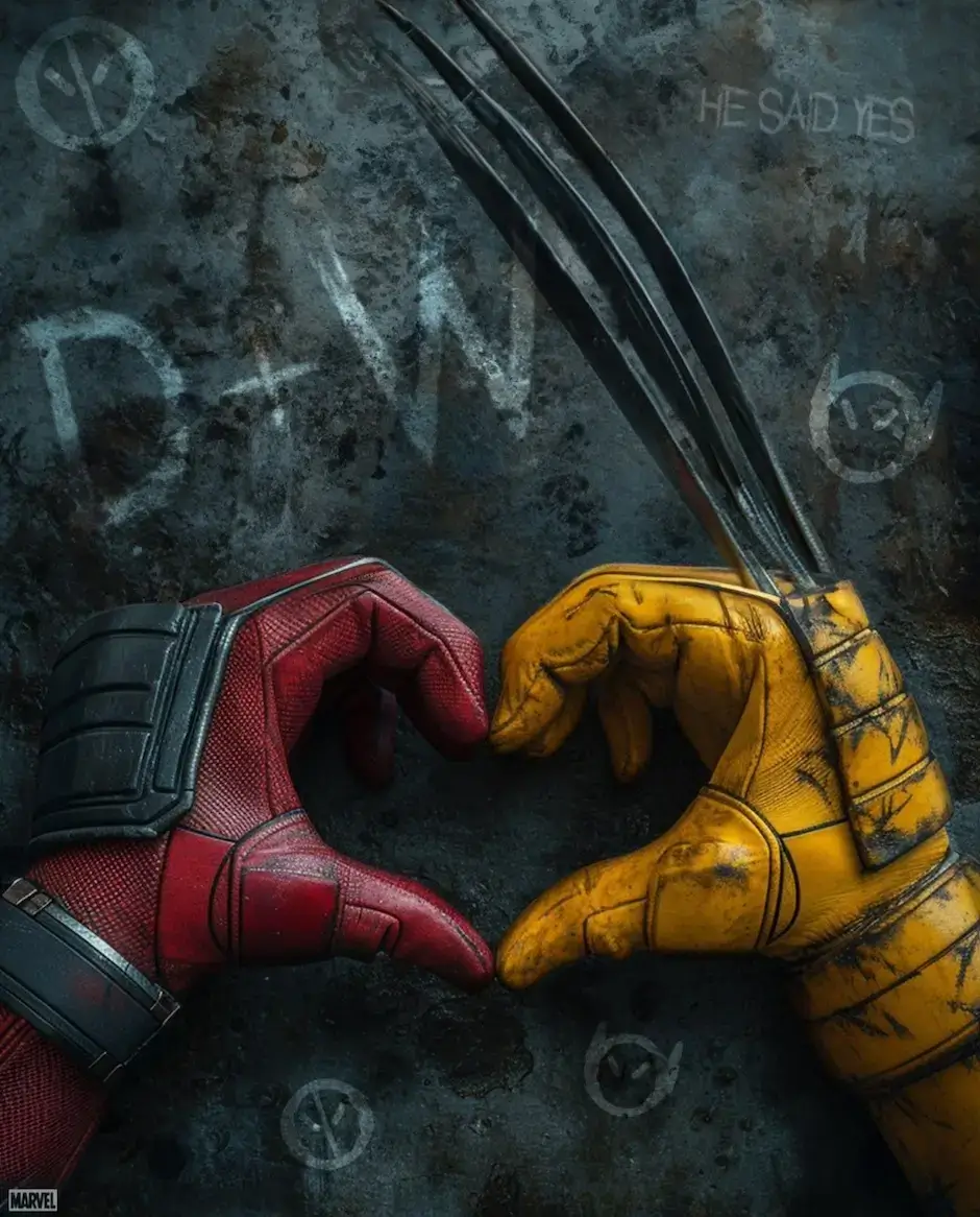 Plakat filmu Deadpool & Wolverine – dwie dłonie złączone w kształt serca.